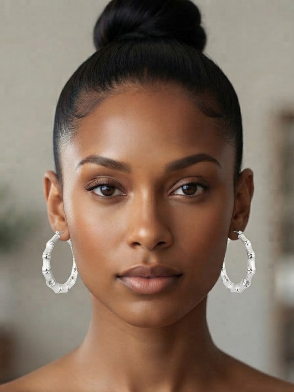Silver Bamboo-Style Hoop Earrings - Women Jewelry